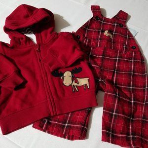 Gymboree Holiday Traditions 3-6 Month NWT Plaid Moose Overalls & Hoodie.